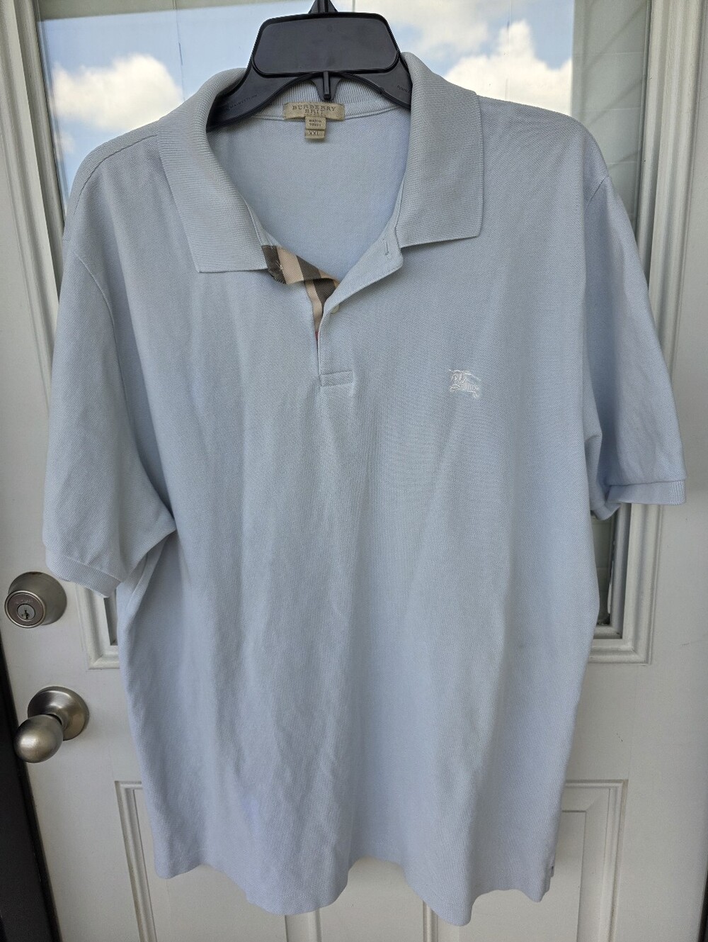 Burberry Brit Light Blue Polo Shirt Men XXL Nova Check Cotton Short Sleeve Flaw - Picture 3 of 9